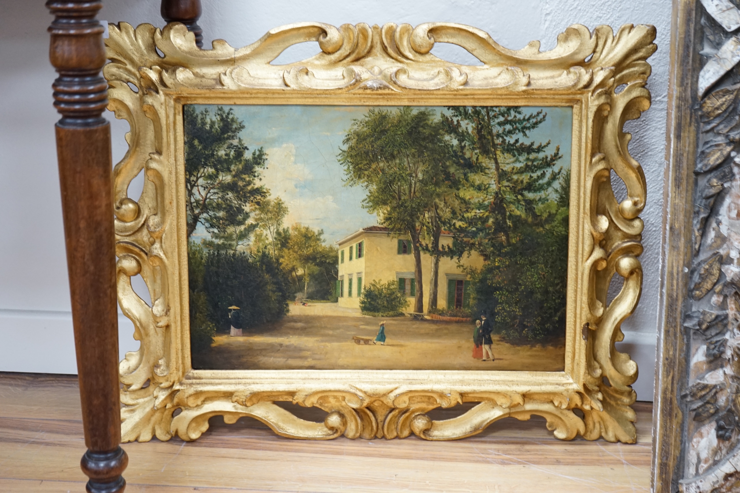 Mid 19th century Italian School, oil on canvas, 'Villa Galli, Florence', 34 x 48cm, housed in a Florentine gilt frame. Condition - fair, craquelure throughout